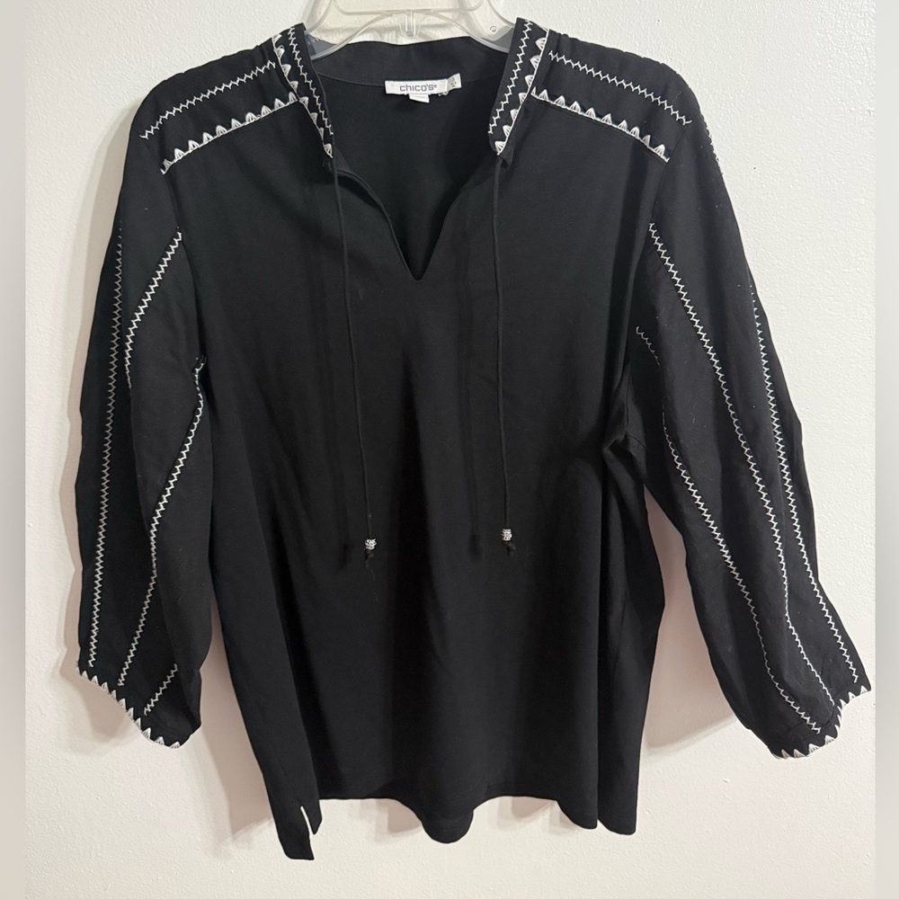 Chico's Embroidered Pintuck Lantern Sleeve  Whimsy goth Top Sz XL